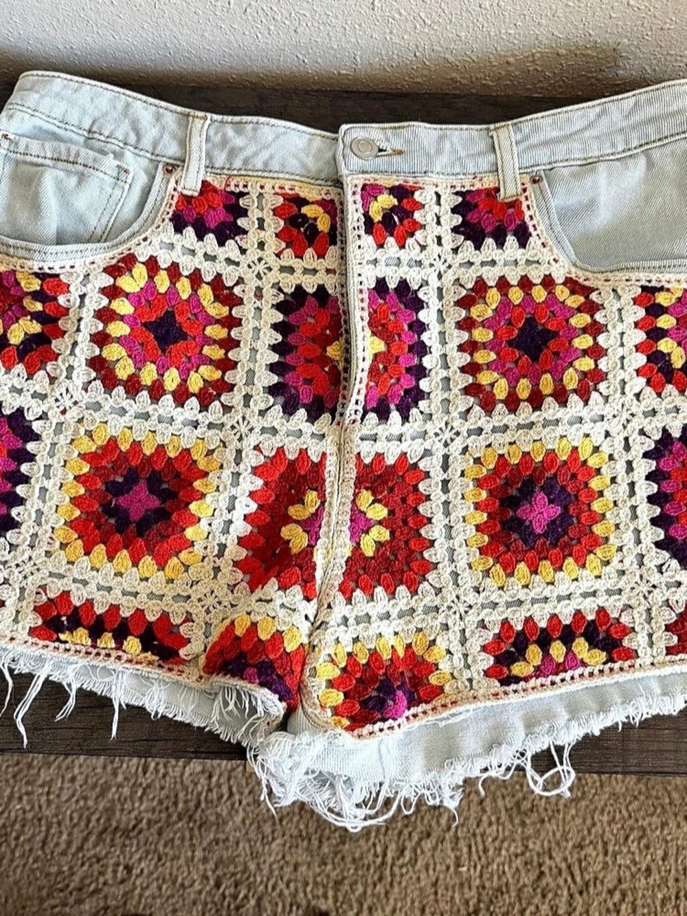 SO Goods For Life Crochet Patchwork Light Wash Denim Shorts Denim Shorts White &